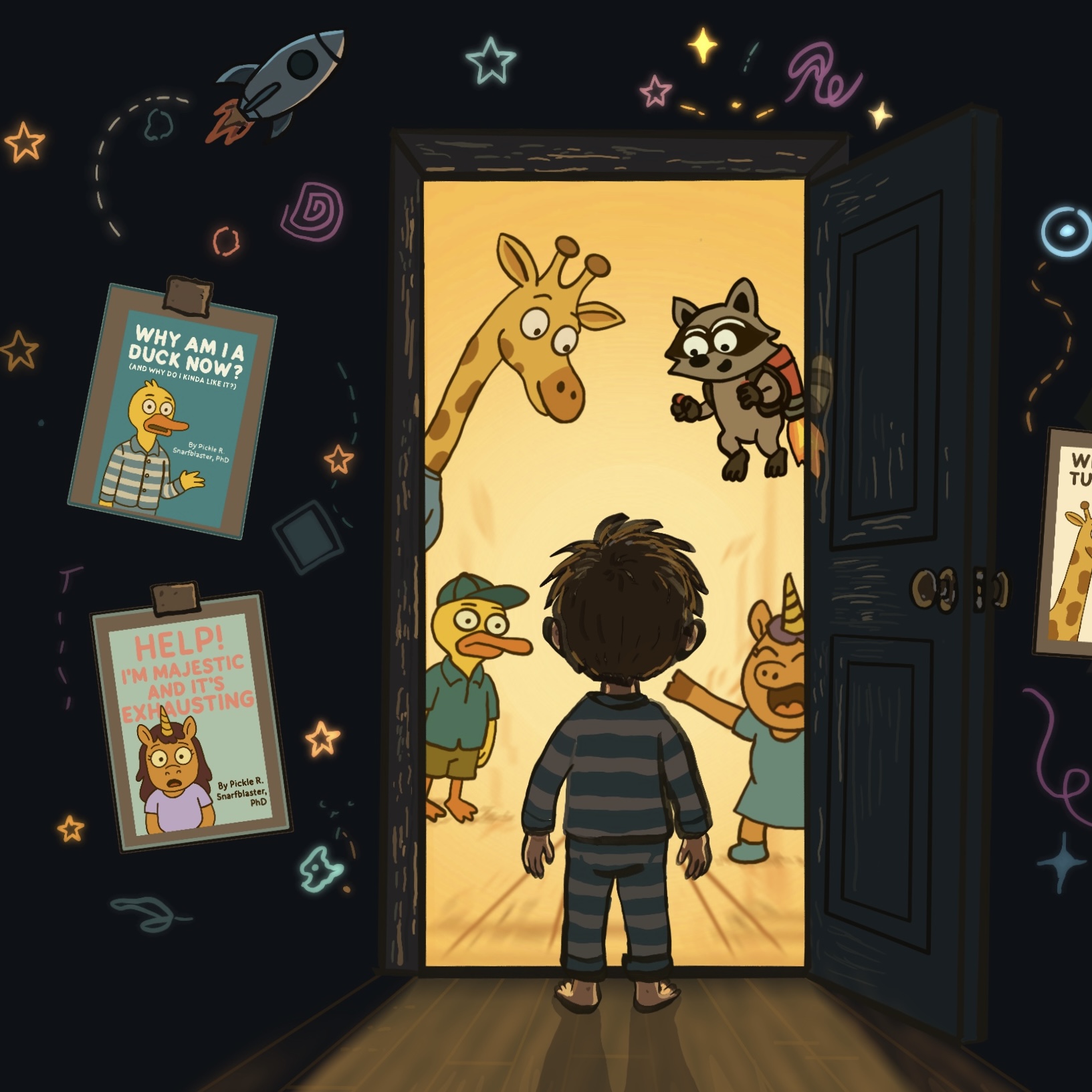 A child standing before a door, warm light pouring through